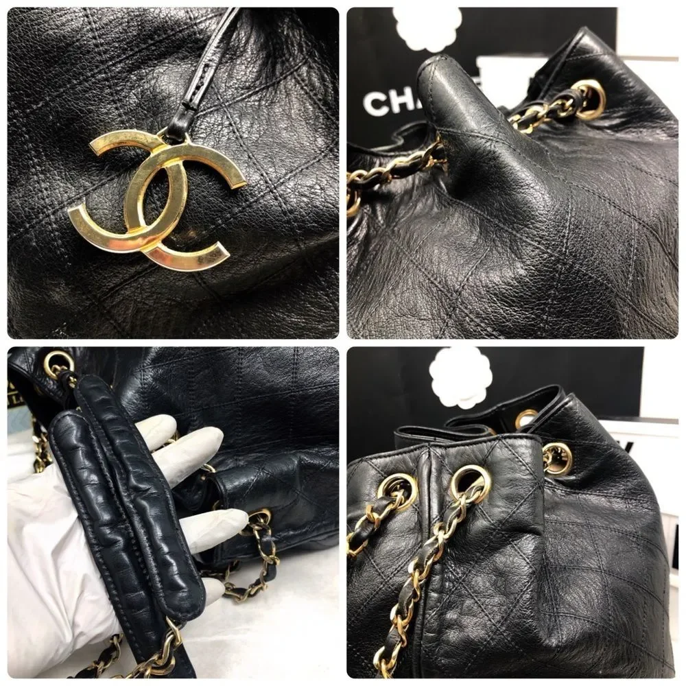 Vintage Chanel Black Lambskin Quilted CC Drawstring Bucket Bag Leather Backpack